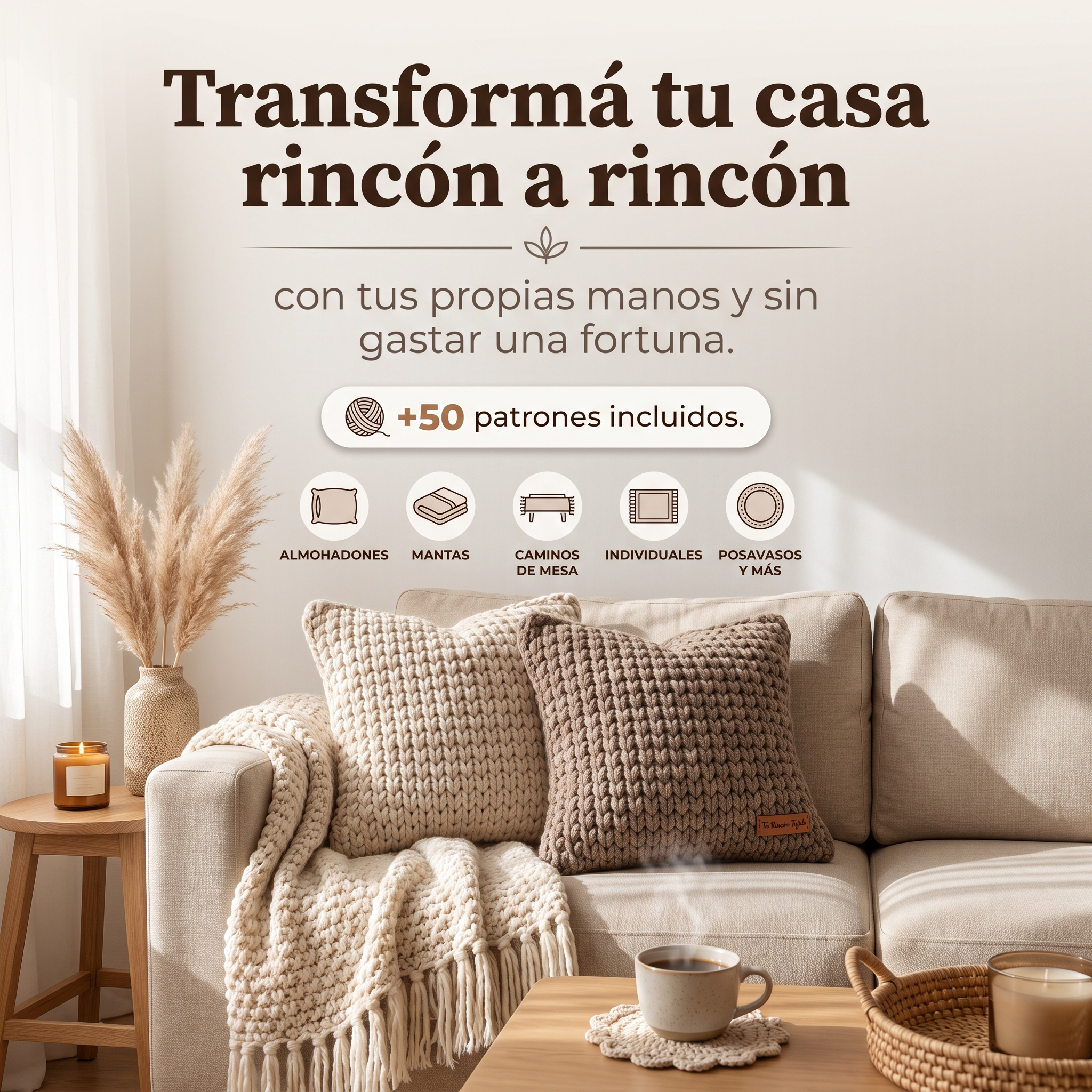 Transformá tu casa rincón a rincón, con tus propias manos y sin gastar una fortuna — más de 50 patrones y tutoriales incluidos: almohadones, mantas, caminos de mesa, individuales, posavasos y más